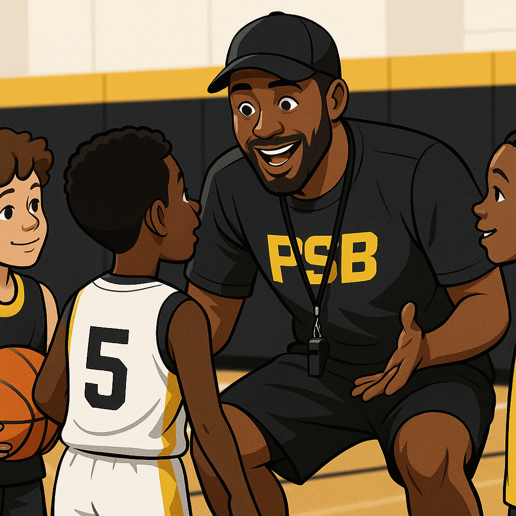 Youth basketball coach enthusiastically guiding a diverse group of young players through drills on the court, reflecting a growth mindset and inclusive team culture.