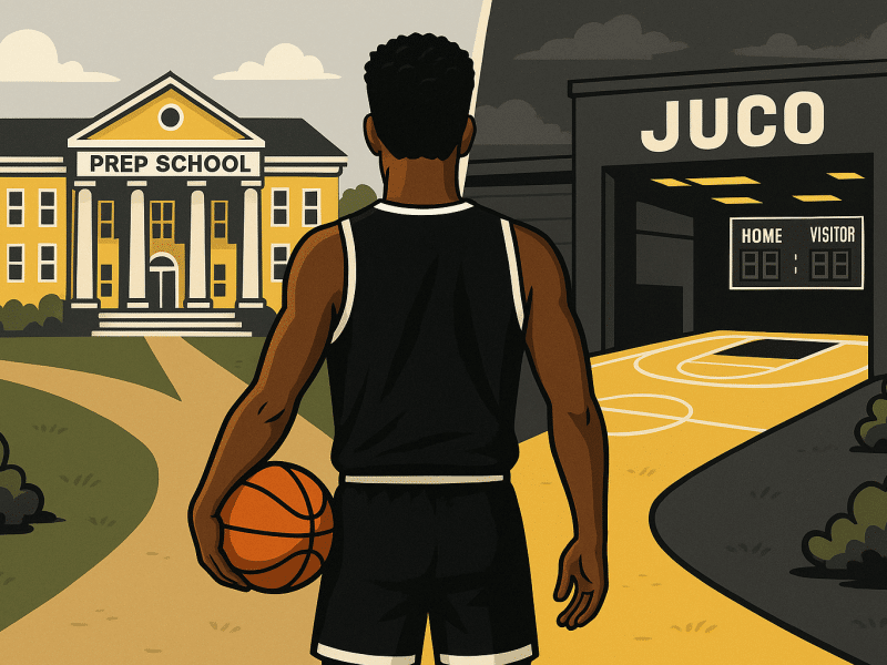 A young basketball player in a black jersey stands at a fork in the road—on the left, a classic yellow prep school with white pillars; on the right, a modern gray junior-college gym with a glowing basketball court—symbolizing the choice between a post-grad prep year and JUCO ball.