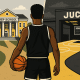 A young basketball player in a black jersey stands at a fork in the road—on the left, a classic yellow prep school with white pillars; on the right, a modern gray junior-college gym with a glowing basketball court—symbolizing the choice between a post-grad prep year and JUCO ball.
