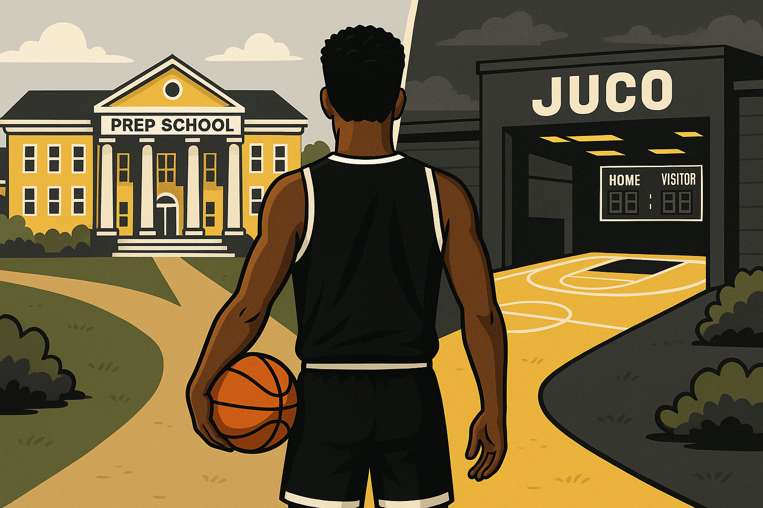 A young basketball player in a black jersey stands at a fork in the road—on the left, a classic yellow prep school with white pillars; on the right, a modern gray junior-college gym with a glowing basketball court—symbolizing the choice between a post-grad prep year and JUCO ball.