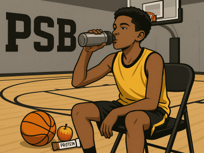 Youth basketball player refueling with water and a healthy snack during practice.