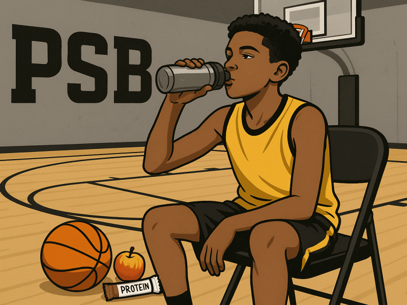 Youth basketball player refueling with water and a healthy snack during practice.