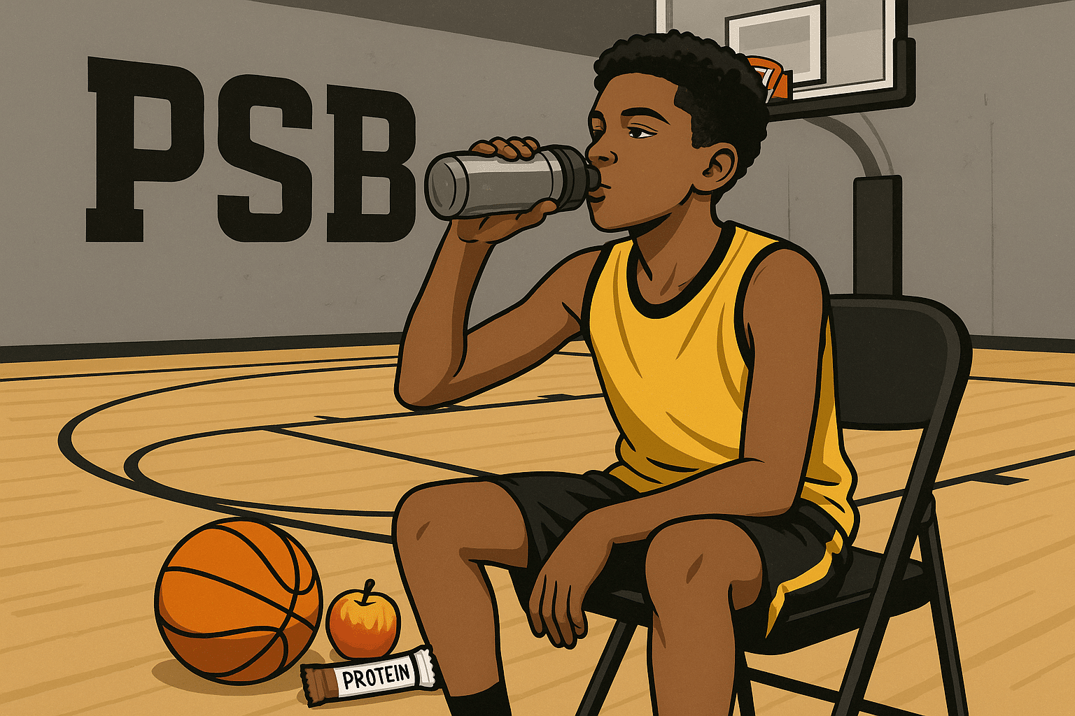 Youth basketball player refueling with water and a healthy snack during practice.