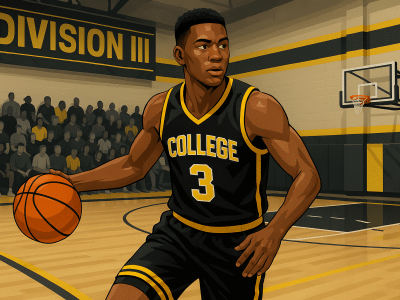 A confident Division III college basketball player in PSB colors mid-dribble on a quiet but intense gym court, showcasing focus, competition, and opportunity in D3 basketball.