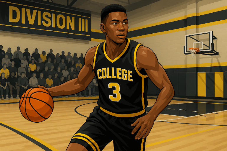 A confident Division III college basketball player in PSB colors mid-dribble on a quiet but intense gym court, showcasing focus, competition, and opportunity in D3 basketball.