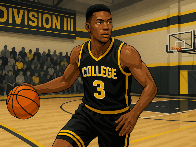 A confident Division III college basketball player in PSB colors mid-dribble on a quiet but intense gym court, showcasing focus, competition, and opportunity in D3 basketball.