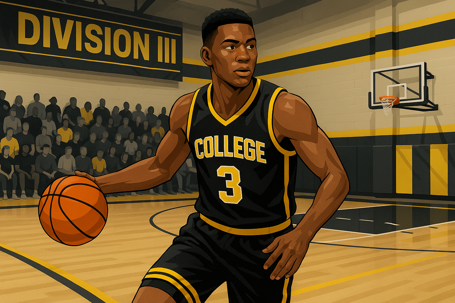 A confident Division III college basketball player in PSB colors mid-dribble on a quiet but intense gym court, showcasing focus, competition, and opportunity in D3 basketball.