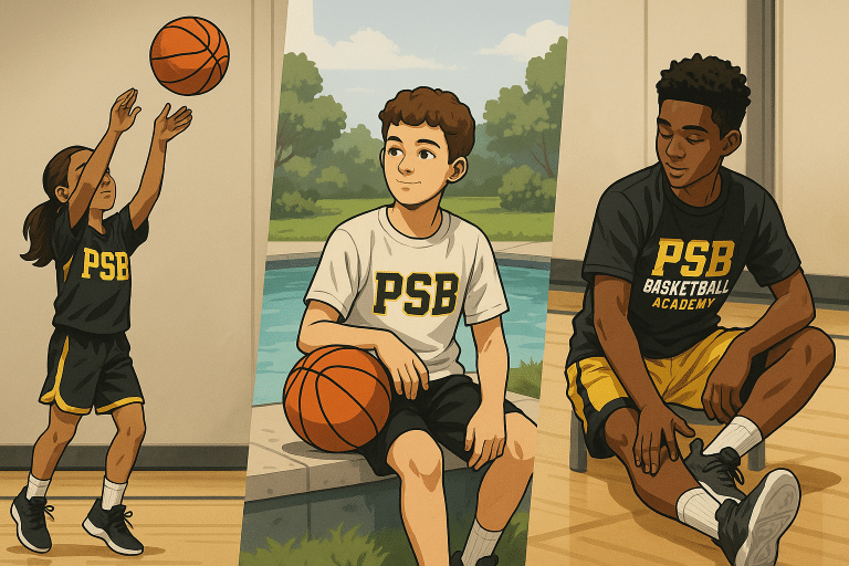 Youth basketball players balancing workouts, recovery, and fun in PSB gear before school tryouts