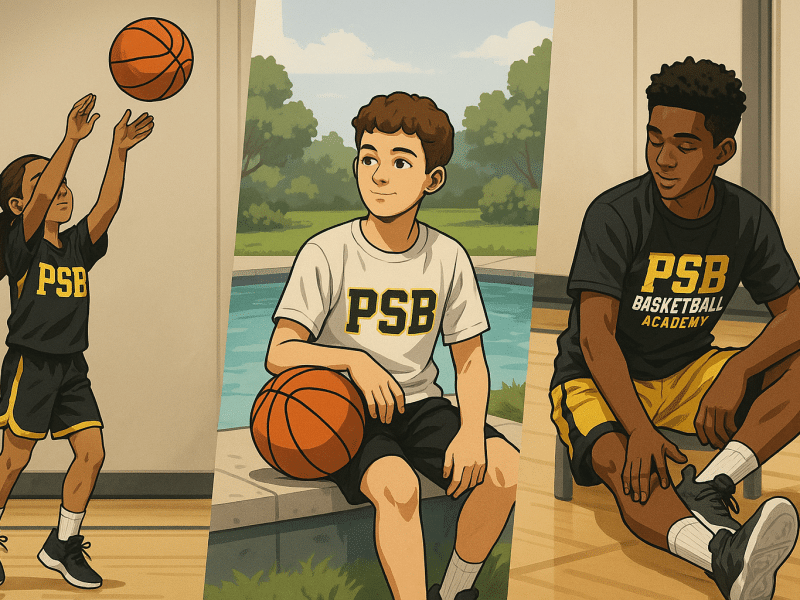 Youth basketball players balancing workouts, recovery, and fun in PSB gear before school tryouts