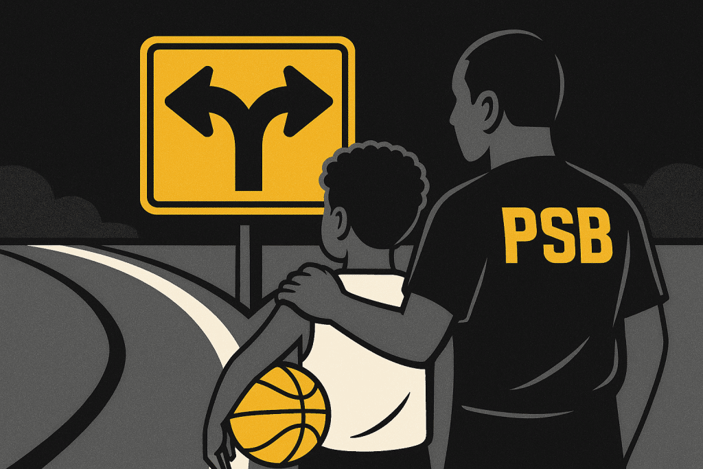 A semi-realistic illustration of a father and son at a fork in the road, with the son holding a basketball and the father wearing a PSB shirt. The image, in Pro Skills Basketball colors, symbolizes the emotional crossroads parents face in competitive youth sports.