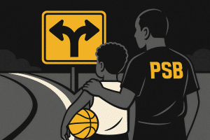 A semi-realistic illustration of a father and son at a fork in the road, with the son holding a basketball and the father wearing a PSB shirt. The image, in Pro Skills Basketball colors, symbolizes the emotional crossroads parents face in competitive youth sports.