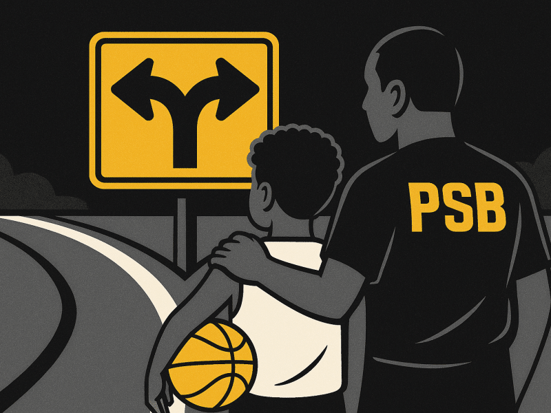 A semi-realistic illustration of a father and son at a fork in the road, with the son holding a basketball and the father wearing a PSB shirt. The image, in Pro Skills Basketball colors, symbolizes the emotional crossroads parents face in competitive youth sports.