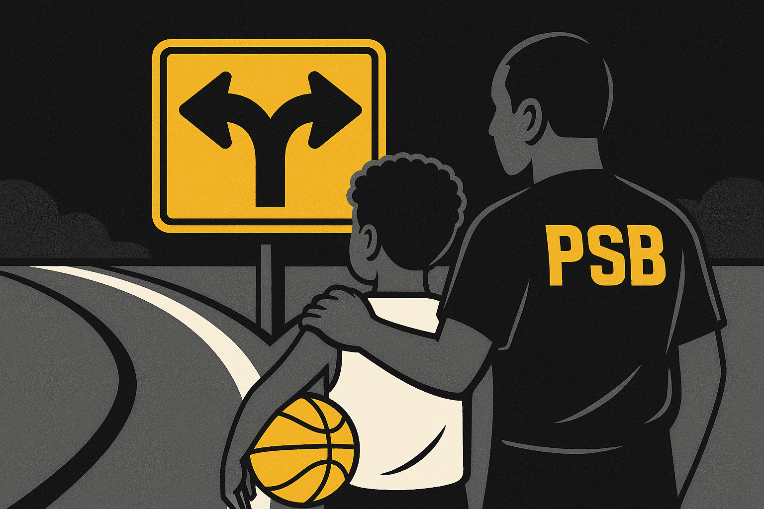 A semi-realistic illustration of a father and son at a fork in the road, with the son holding a basketball and the father wearing a PSB shirt. The image, in Pro Skills Basketball colors, symbolizes the emotional crossroads parents face in competitive youth sports.