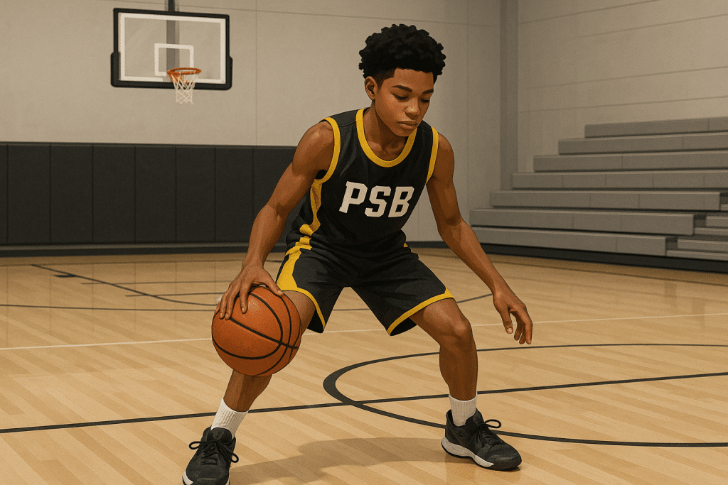 Young basketball player in PSB gear practicing dribbling alone in a quiet gym to maintain skills.
