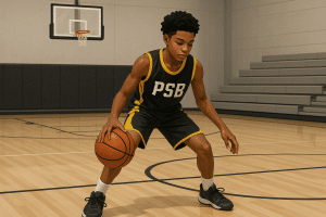 Young basketball player in PSB gear practicing dribbling alone in a quiet gym to maintain skills.