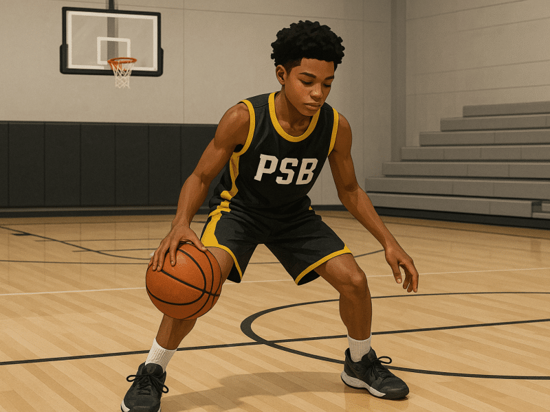 Young basketball player in PSB gear practicing dribbling alone in a quiet gym to maintain skills.