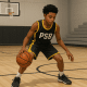 Young basketball player in PSB gear practicing dribbling alone in a quiet gym to maintain skills.