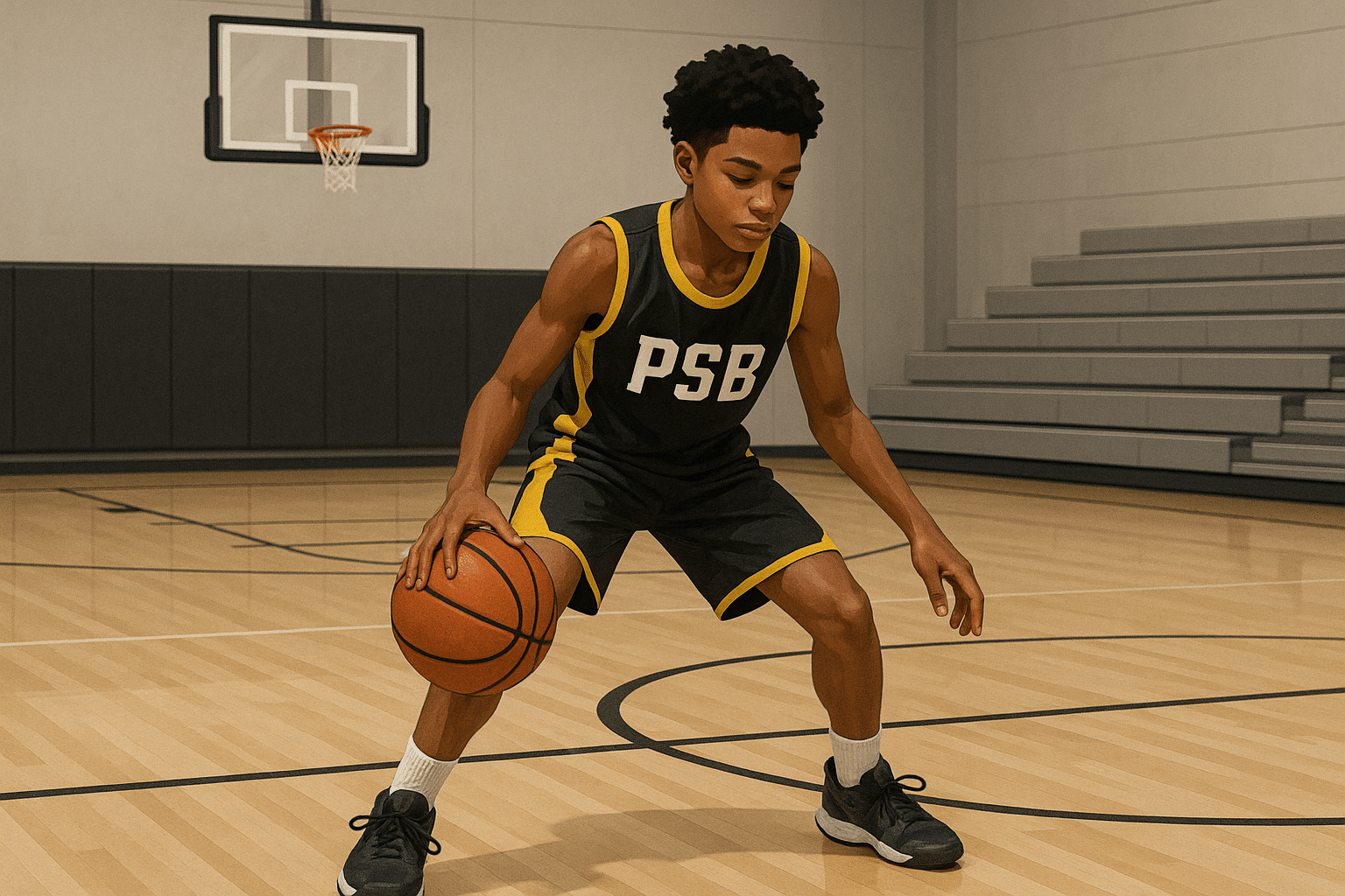 Young basketball player in PSB gear practicing dribbling alone in a quiet gym to maintain skills.