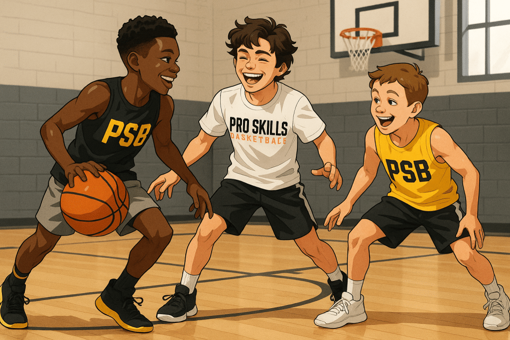 Youth basketball players in PSB colors playing a fun mini-game in a gym setting to avoid burnout.