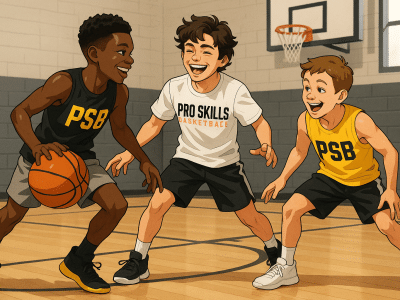 Youth basketball players in PSB colors playing a fun mini-game in a gym setting to avoid burnout.