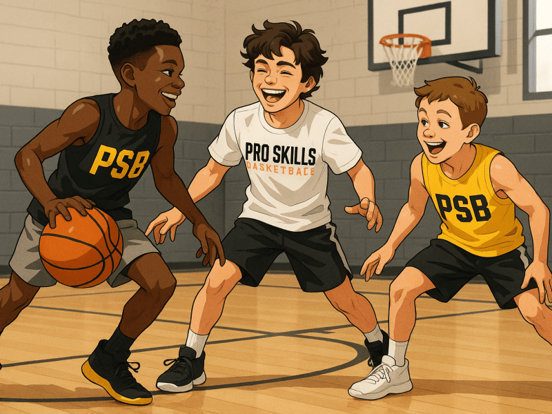 Youth basketball players in PSB colors playing a fun mini-game in a gym setting to avoid burnout.