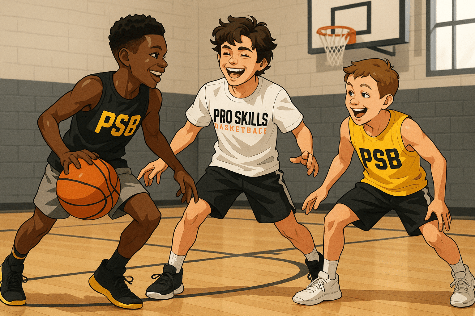 Youth basketball players in PSB colors playing a fun mini-game in a gym setting to avoid burnout.