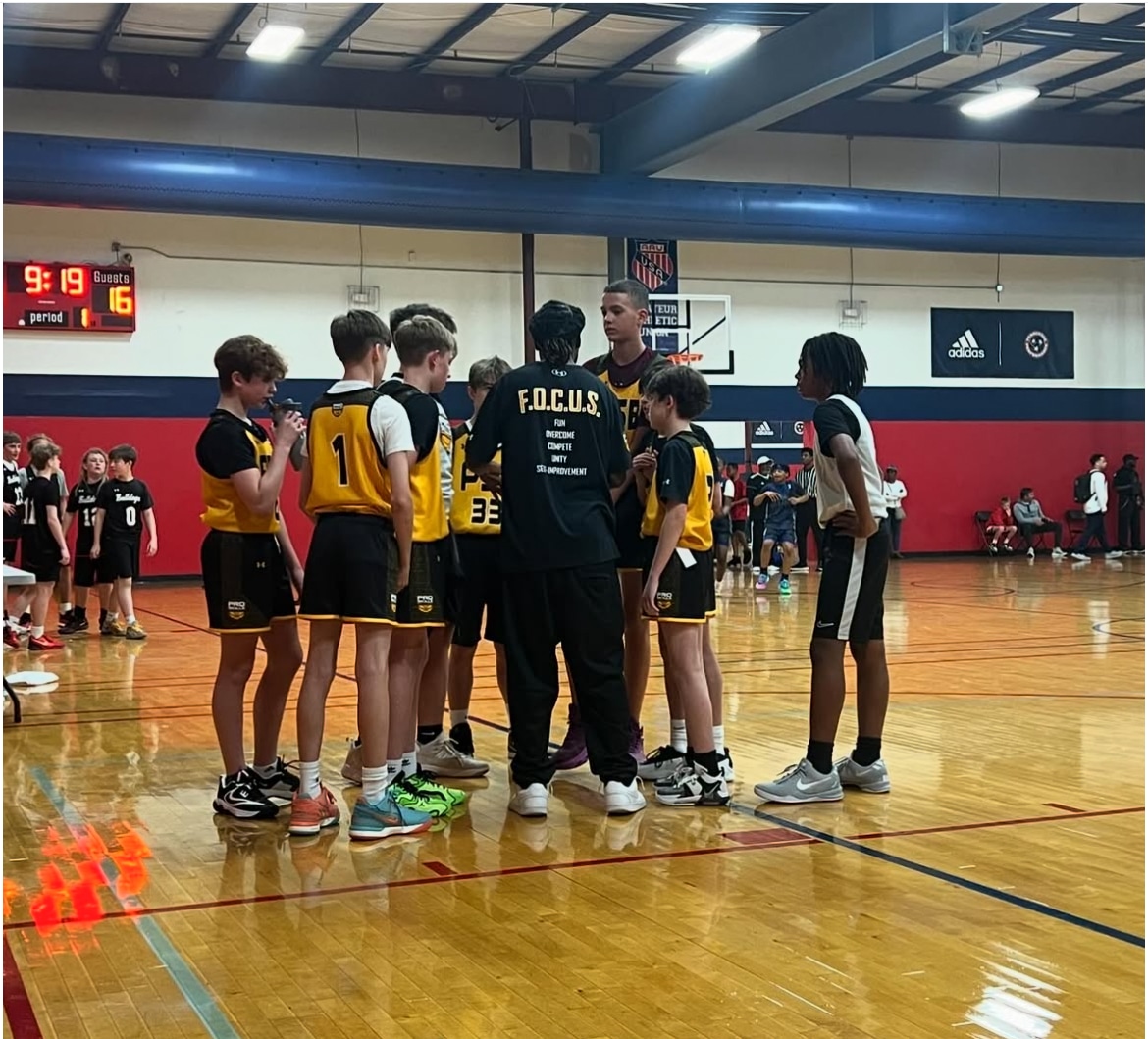 boys coach huddle court yellow jerseys tournament