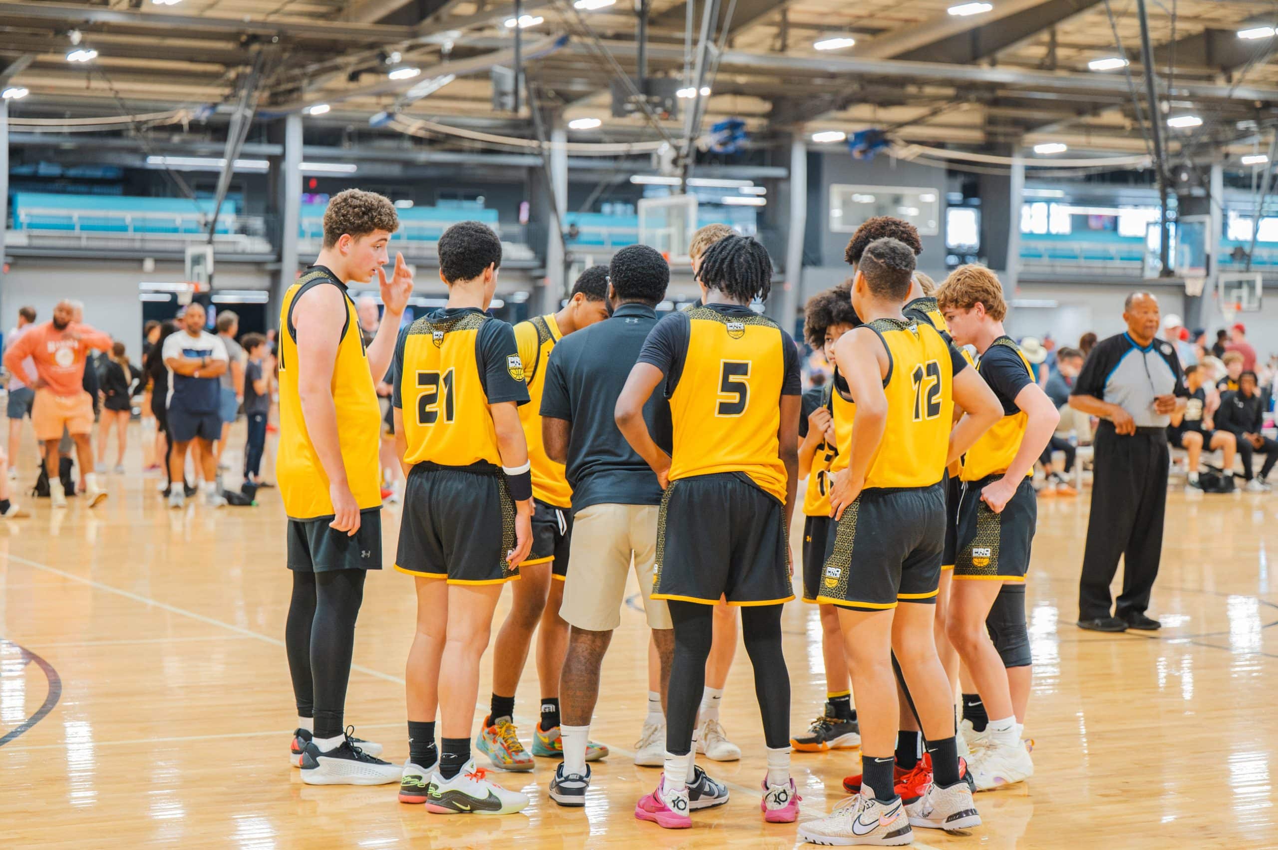 Boys Coach Huddle Yellow Jerseys Tournament Gym 2